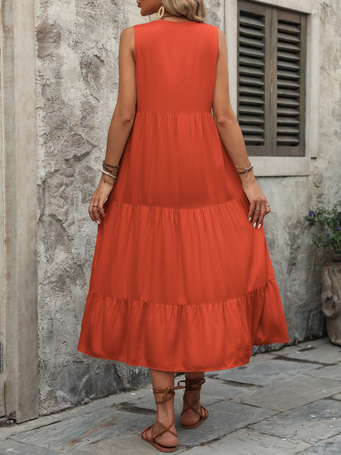 Decorative Button Notched Sleeveless Dress - store name